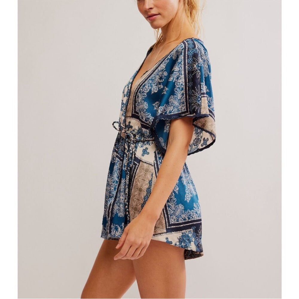 Free People Intimately Oasis Silky Patchwork Bandana Print Tie Wrap Short Romper